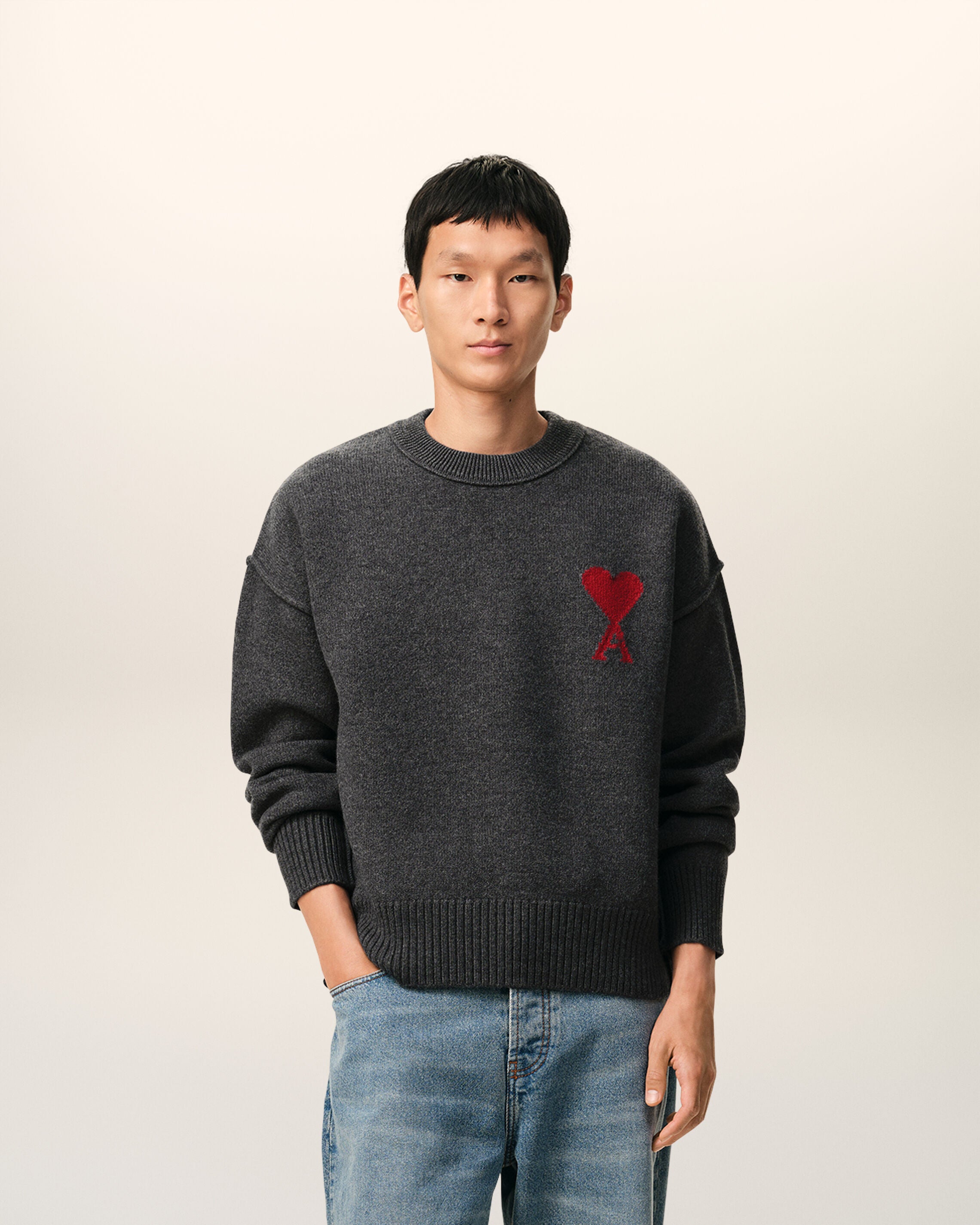 Sweater de lana gris heather/rojo Ami De Coeur de cuello redondo | AMI PARIS