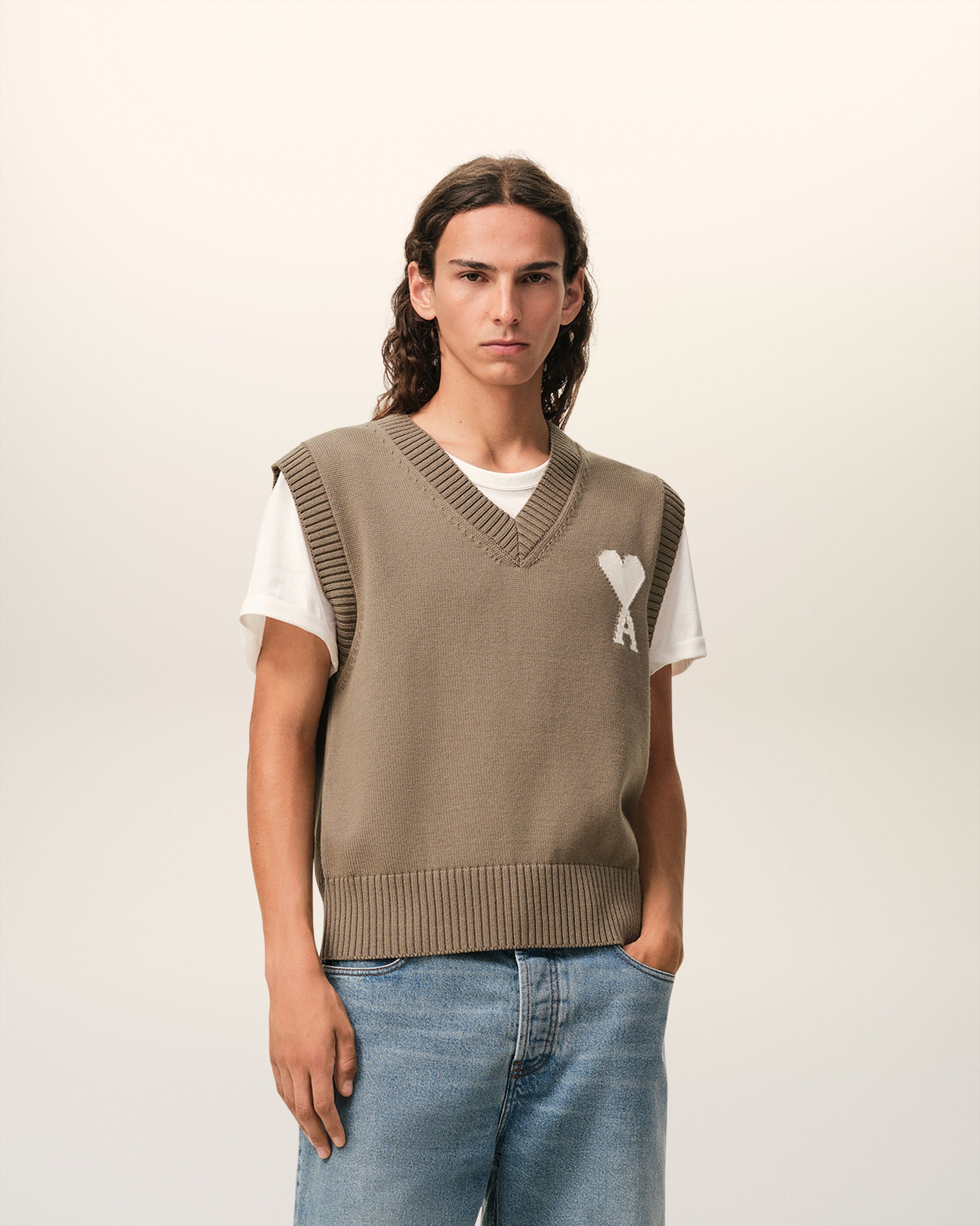 Sweater sin mangas de lana y algodón beige taupe/blanco crema | Ami Paris