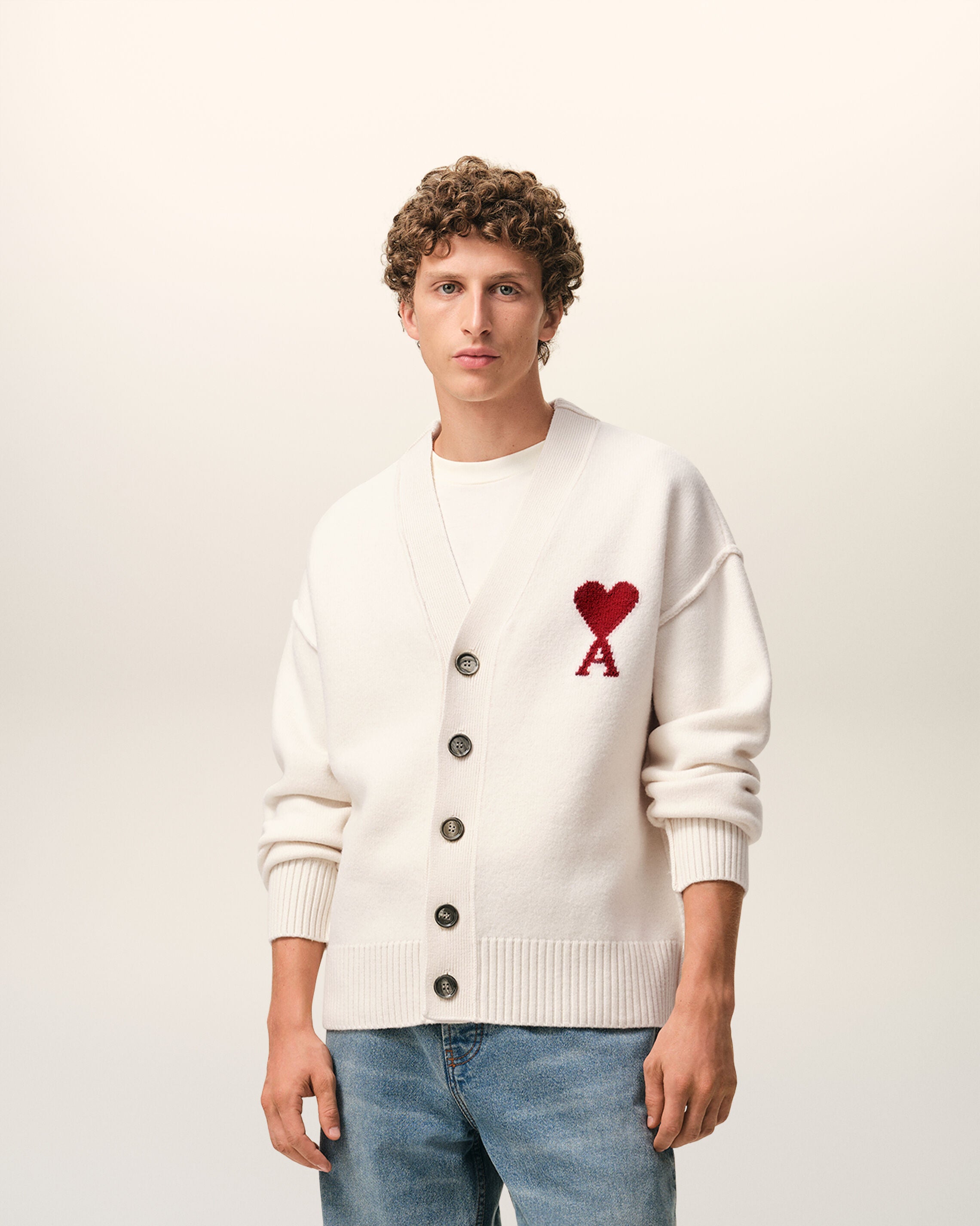 Cardigan OFF WHITE/ROJO de lana blanca Ami De Coeur | AMI PARIS
