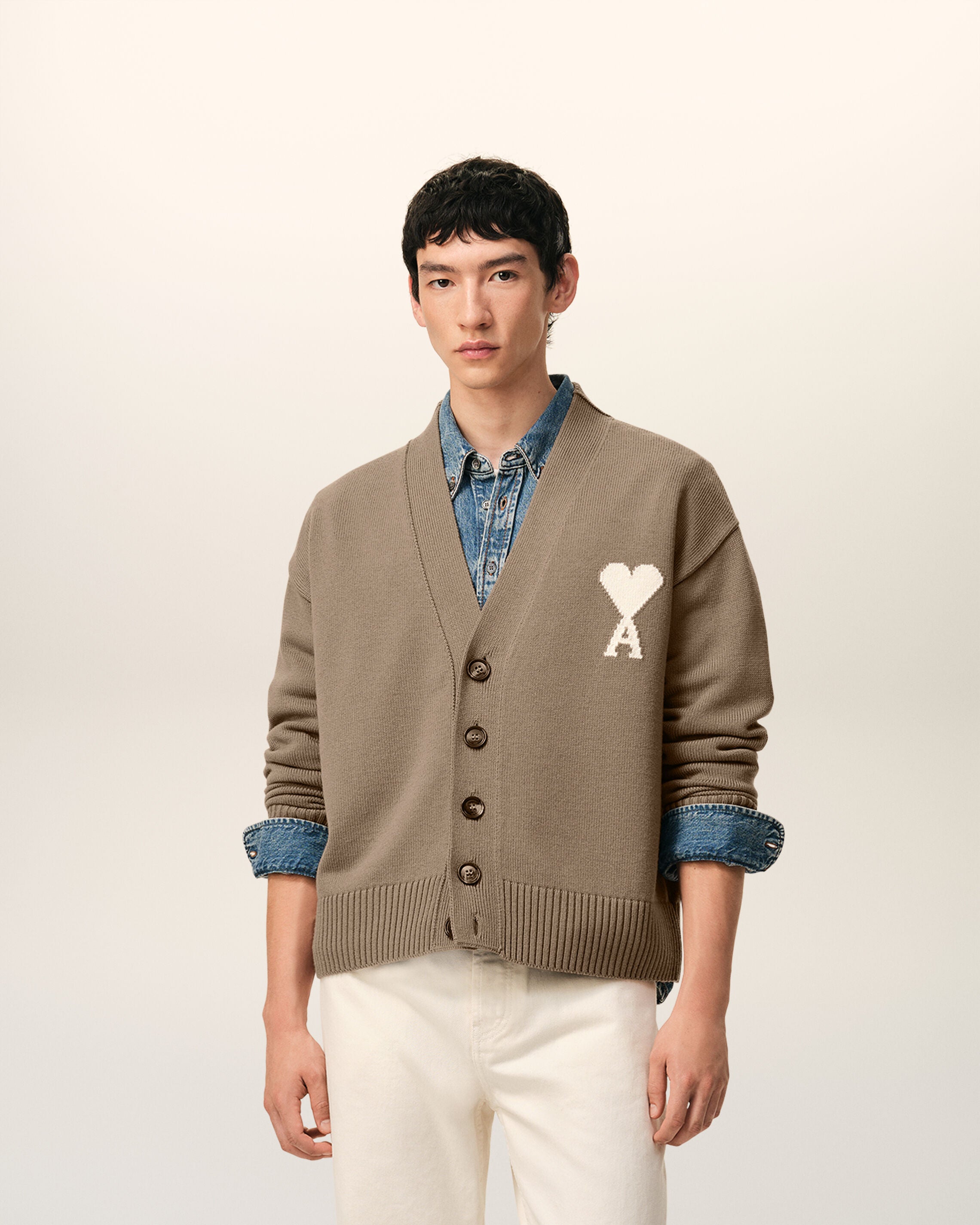 Cardigan de lana beige taupe/blanco crema | Ami Paris