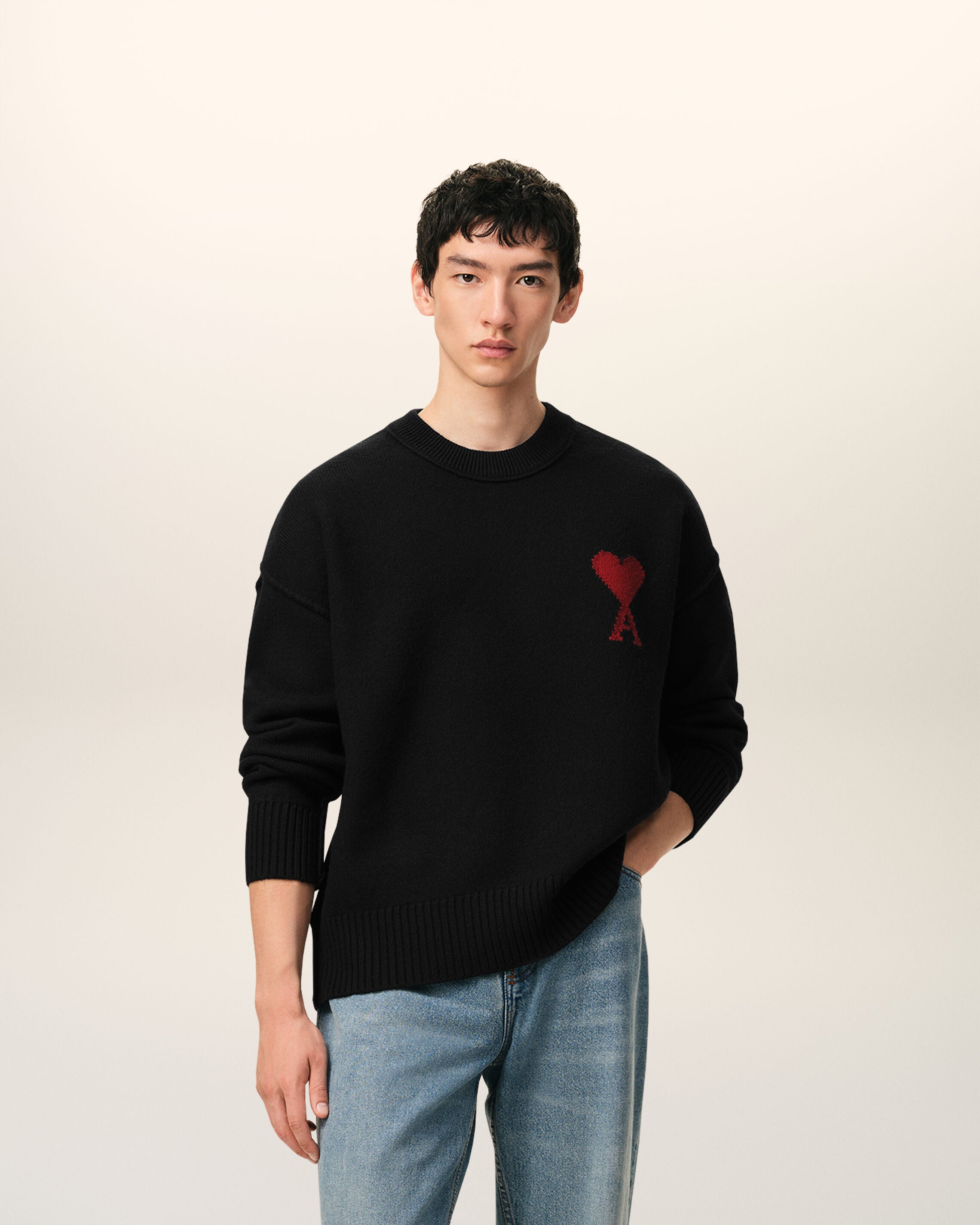 SWEATER DE LANA NEGRO/ROJO AMI DE COEUR CUELLO REDONDO | AMI PARIS