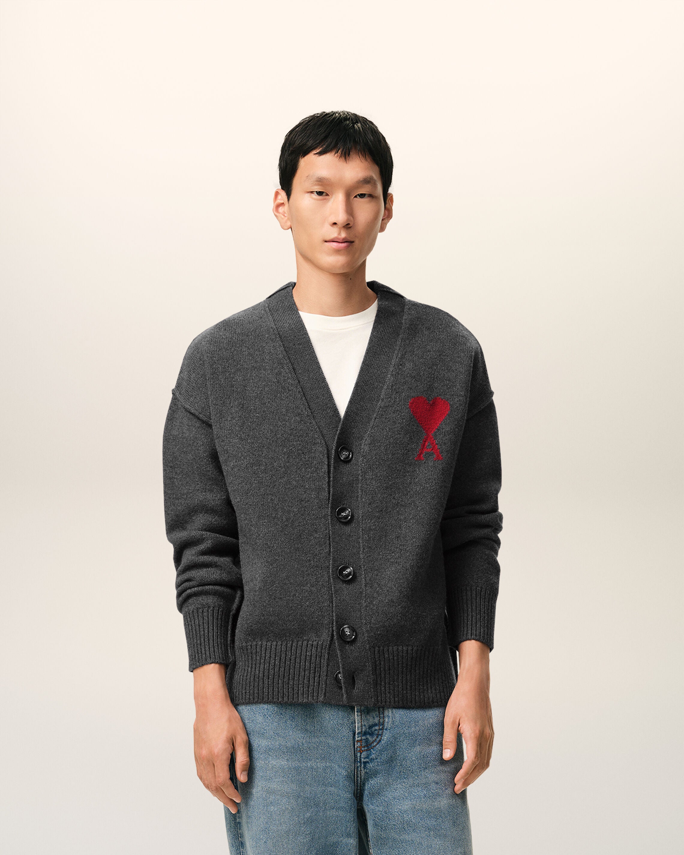 Cardigan HEATHER GREY/RED de lana gris Ami De Coeur | AMI PARIS