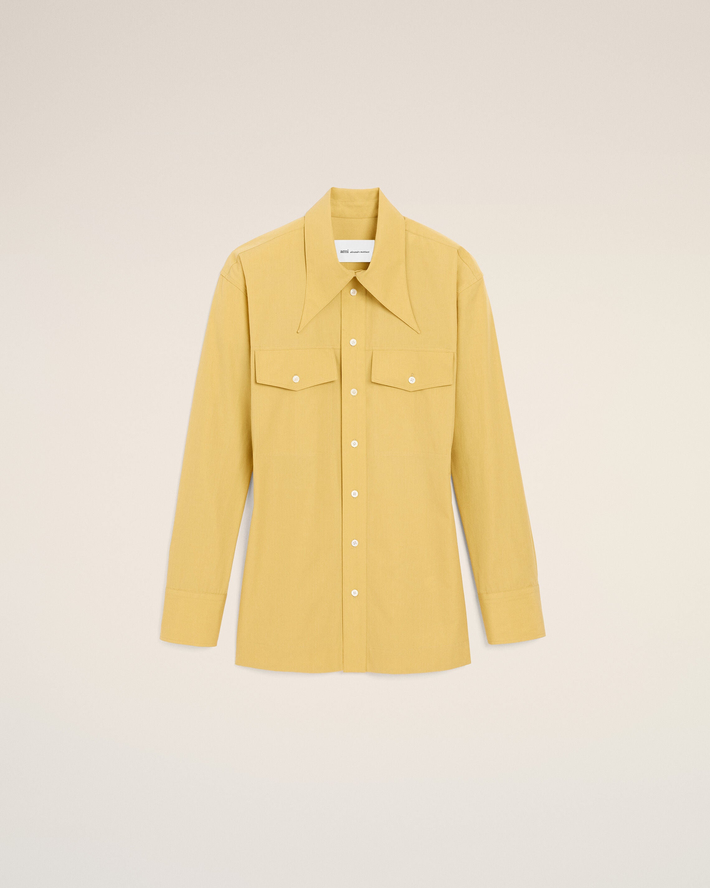 CAMISA AJUSTADA DE ALGODÓN AMARILLO PASTEL CON CUELLO RECTO | Ami Paris