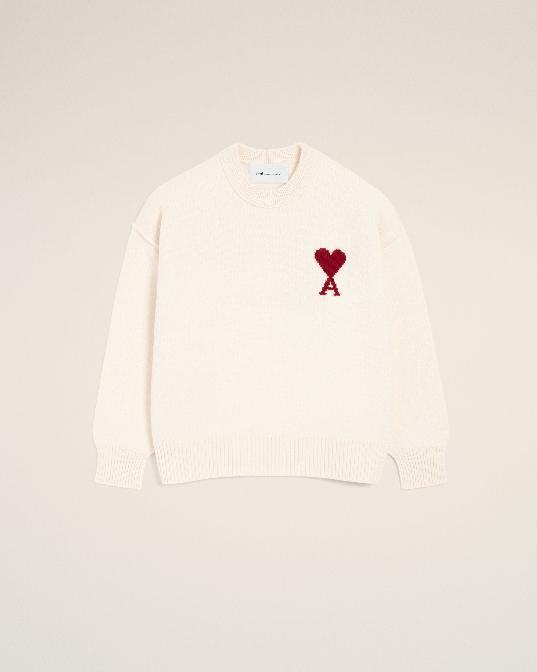 SWEATER DE CUELLO REDONDO AMI DE COEUR EN LANA BLANCA/ROJA | AMI PARIS