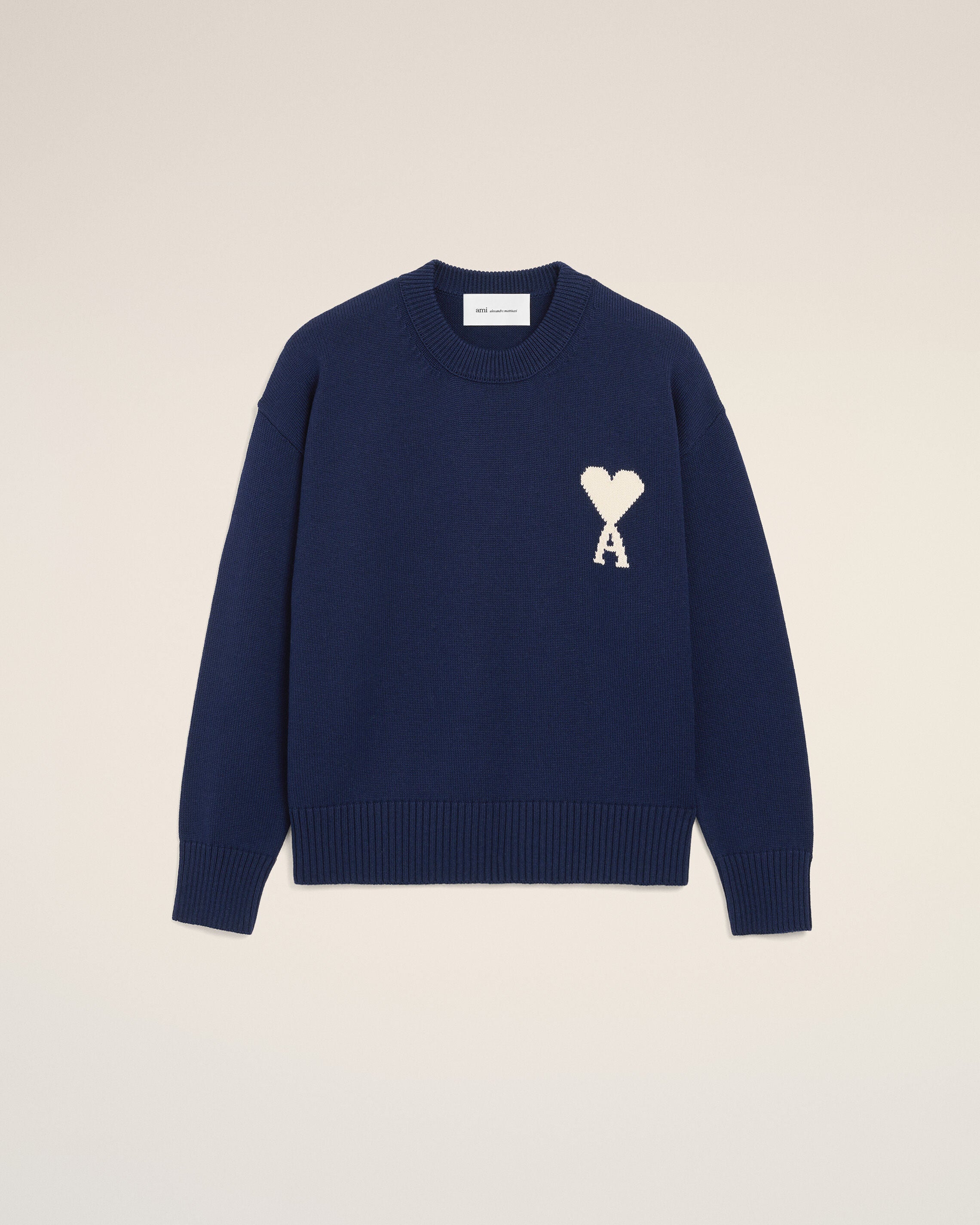 Sweater Azul de Lana y Algodón con Cuello Redondo Ink/Blanco | Ami Paris