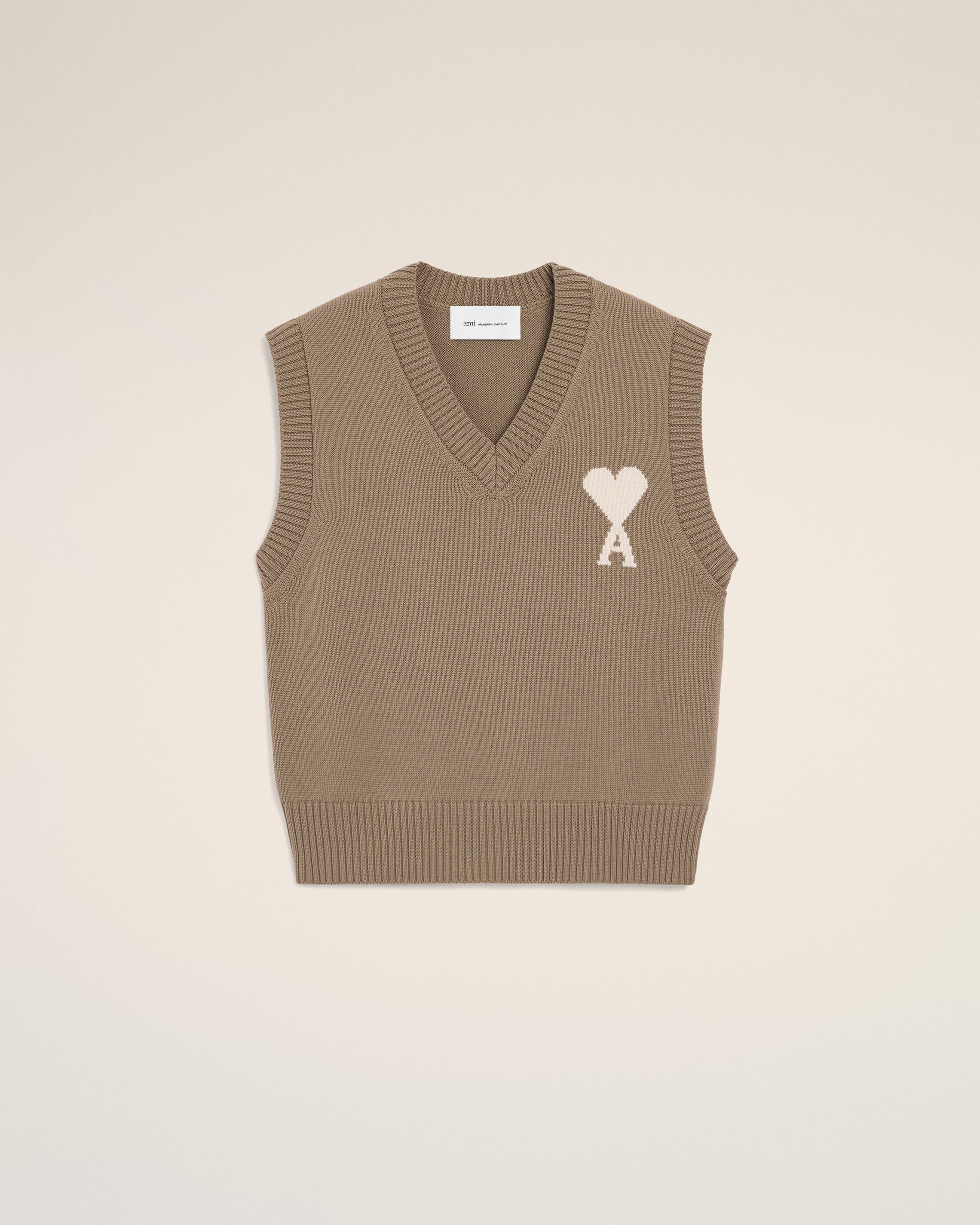 Sweater sin mangas de lana y algodón beige taupe/blanco crema | Ami Paris