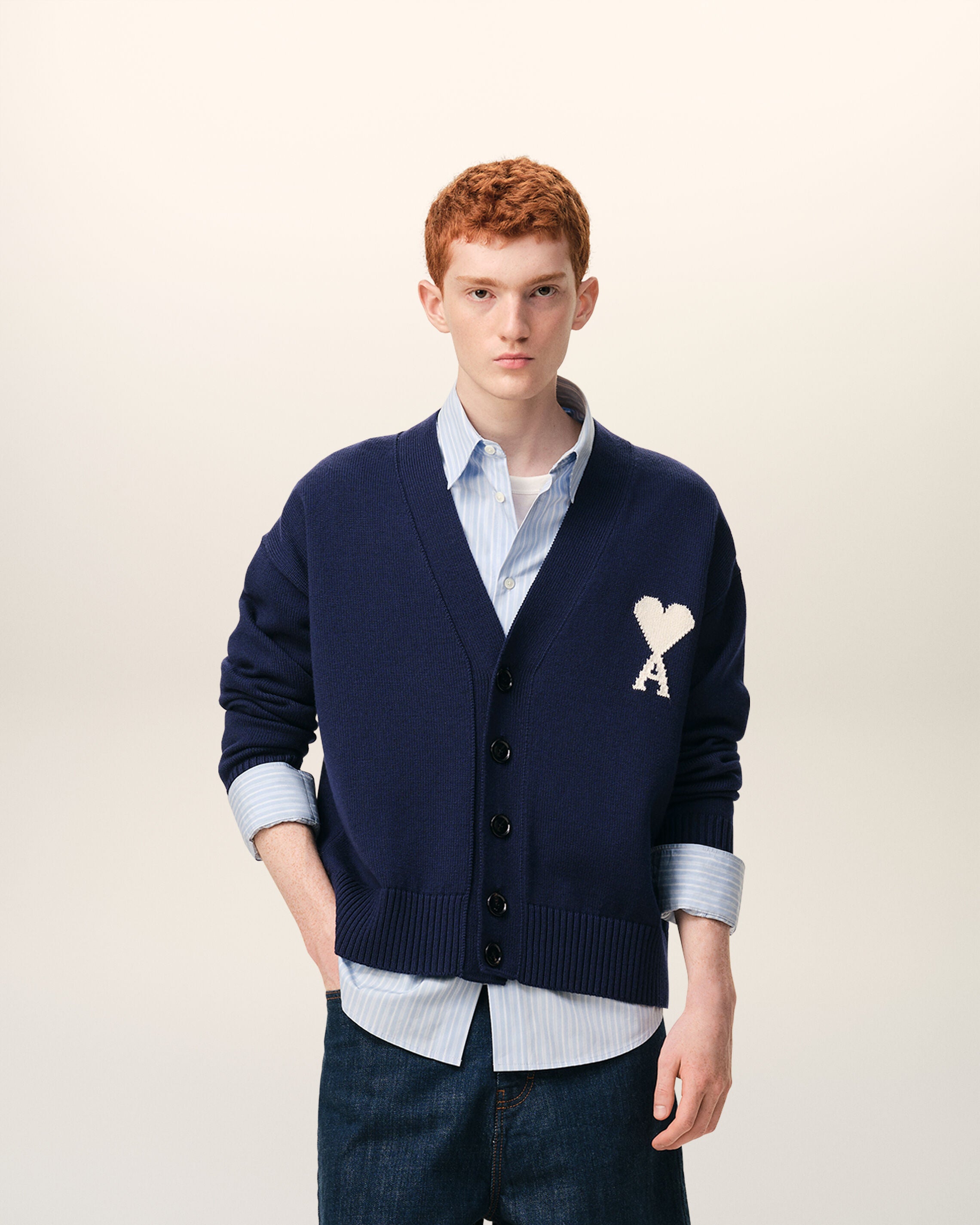 Cardigan de lana azul INK/OFF WHITE Ami De Coeur | Ami Paris
