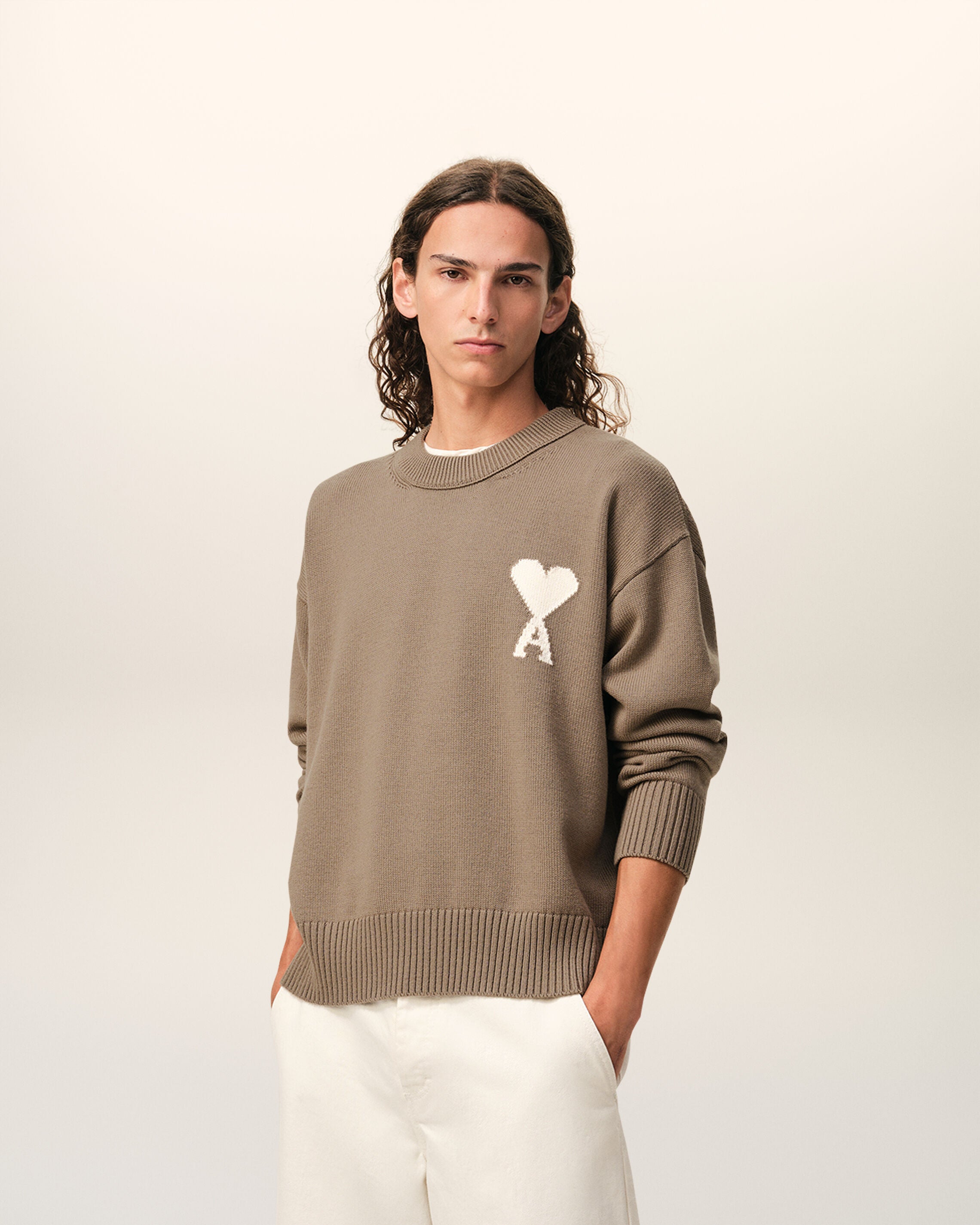 Sudadera de lana y algodón beige taupe/blanco crema Ami De Coeur | Ami Paris
