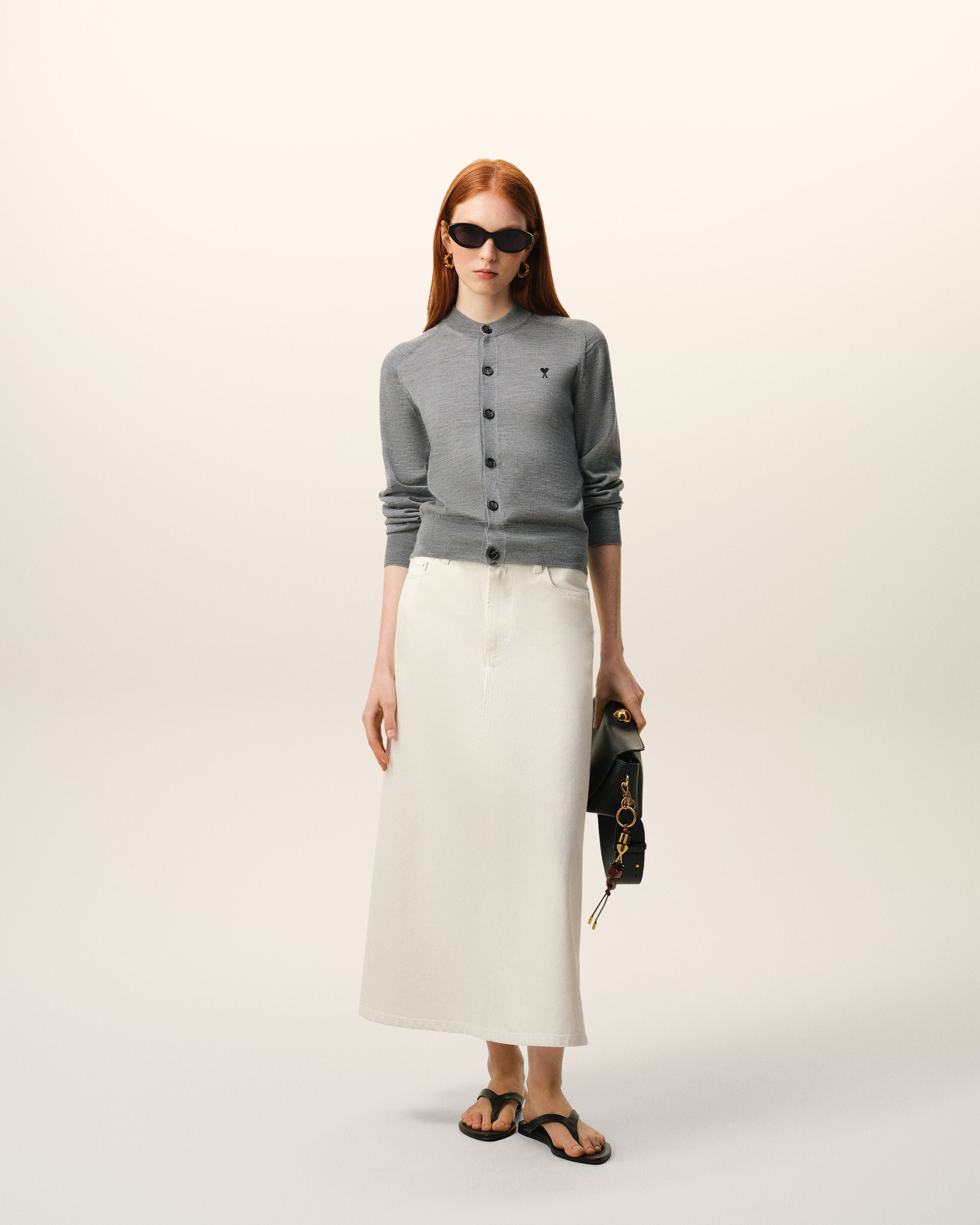Cardigan de lana gris heather / negro con cuello redondo Ami De Coeur | Ami Paris