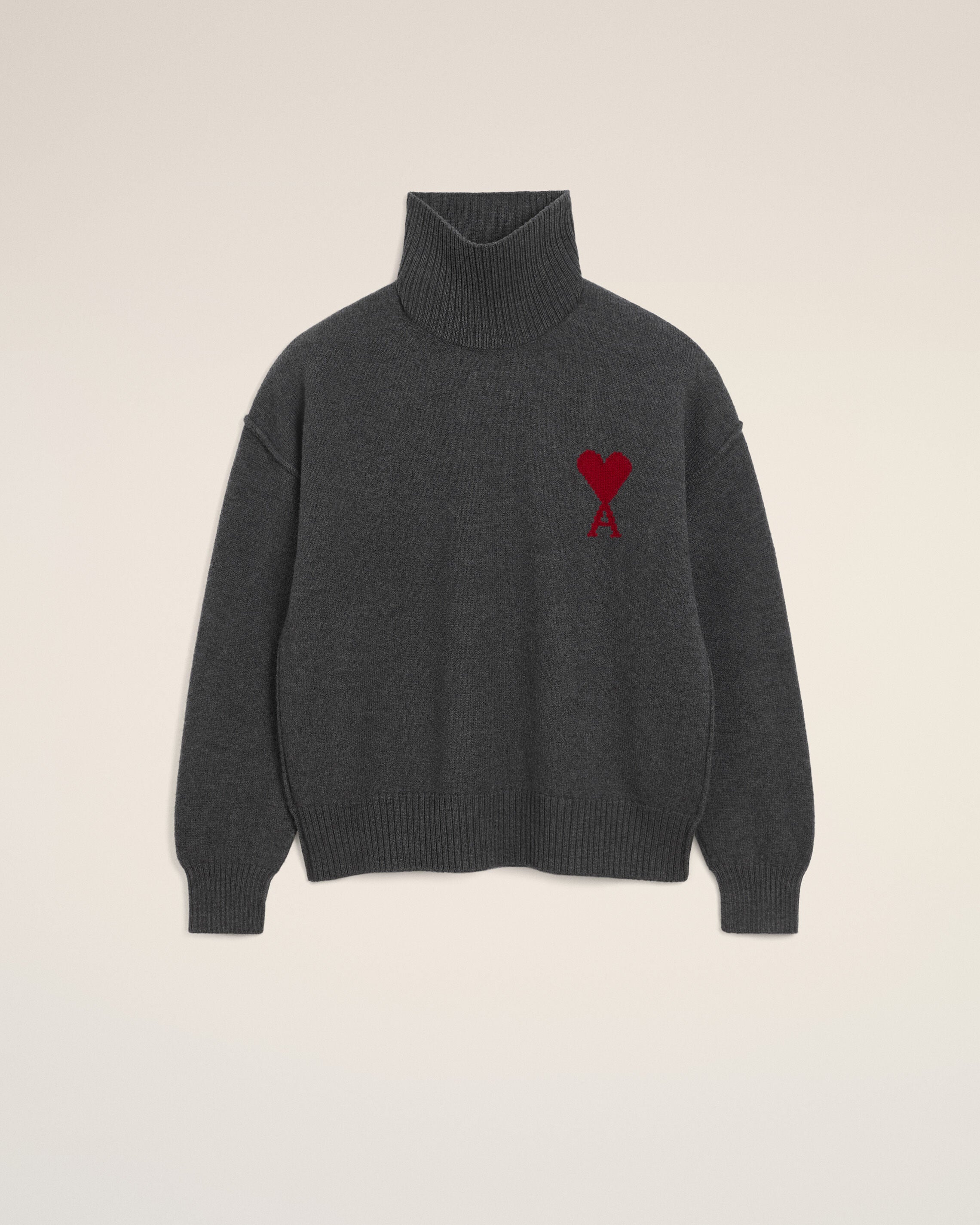 Sweater de lana gris claro/rojo con cuello tipo embudo y tejido de lana merina feltada | AMI PARIS