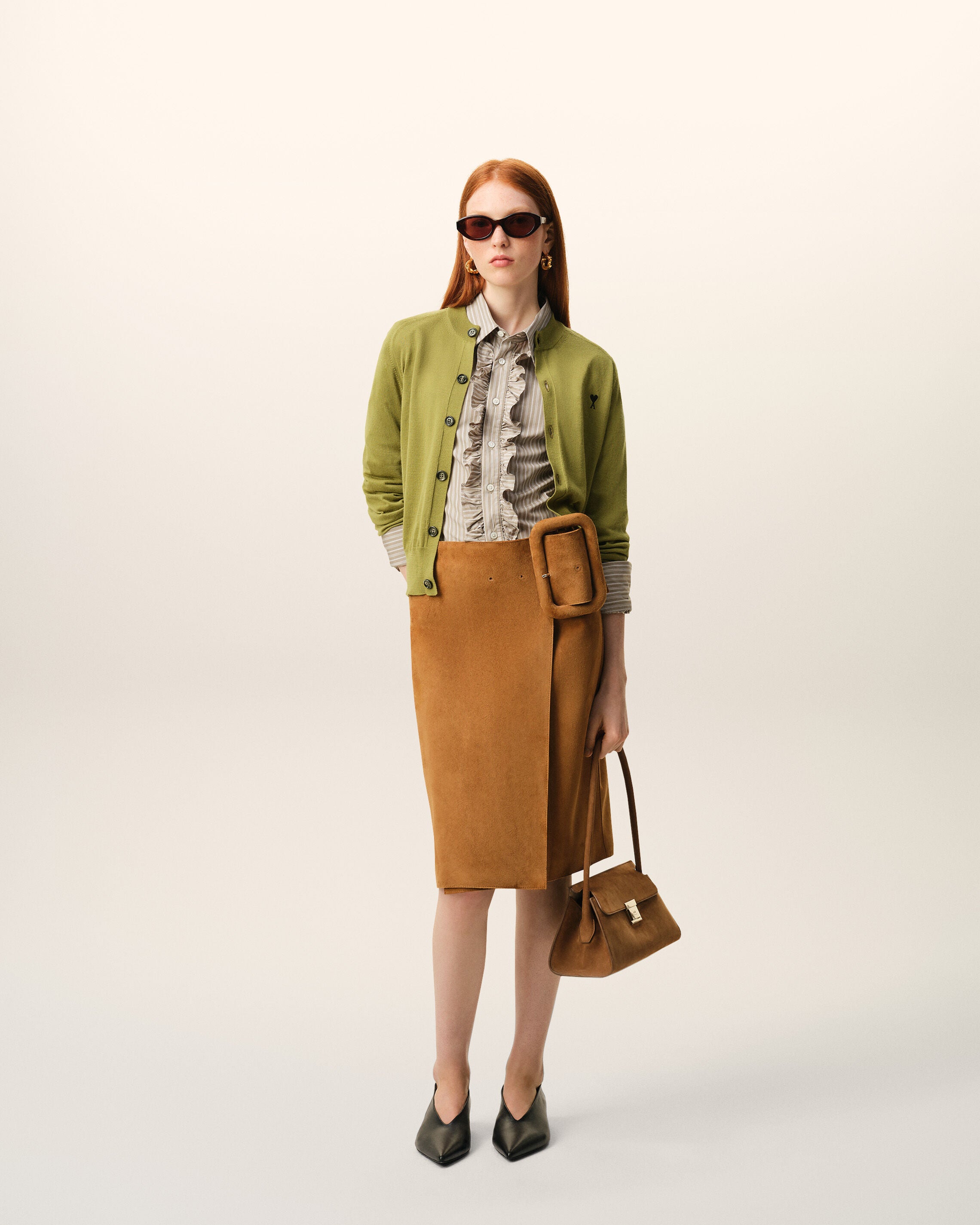 Cardigan de punto de lana verde Matcha/Negro | Ami Paris